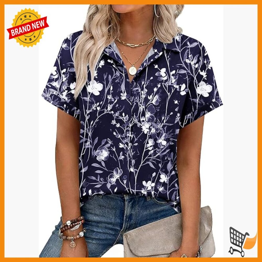 Short Sleeve Button Down Blouse V-Neck Pocket Business Casual Tops S-XXL